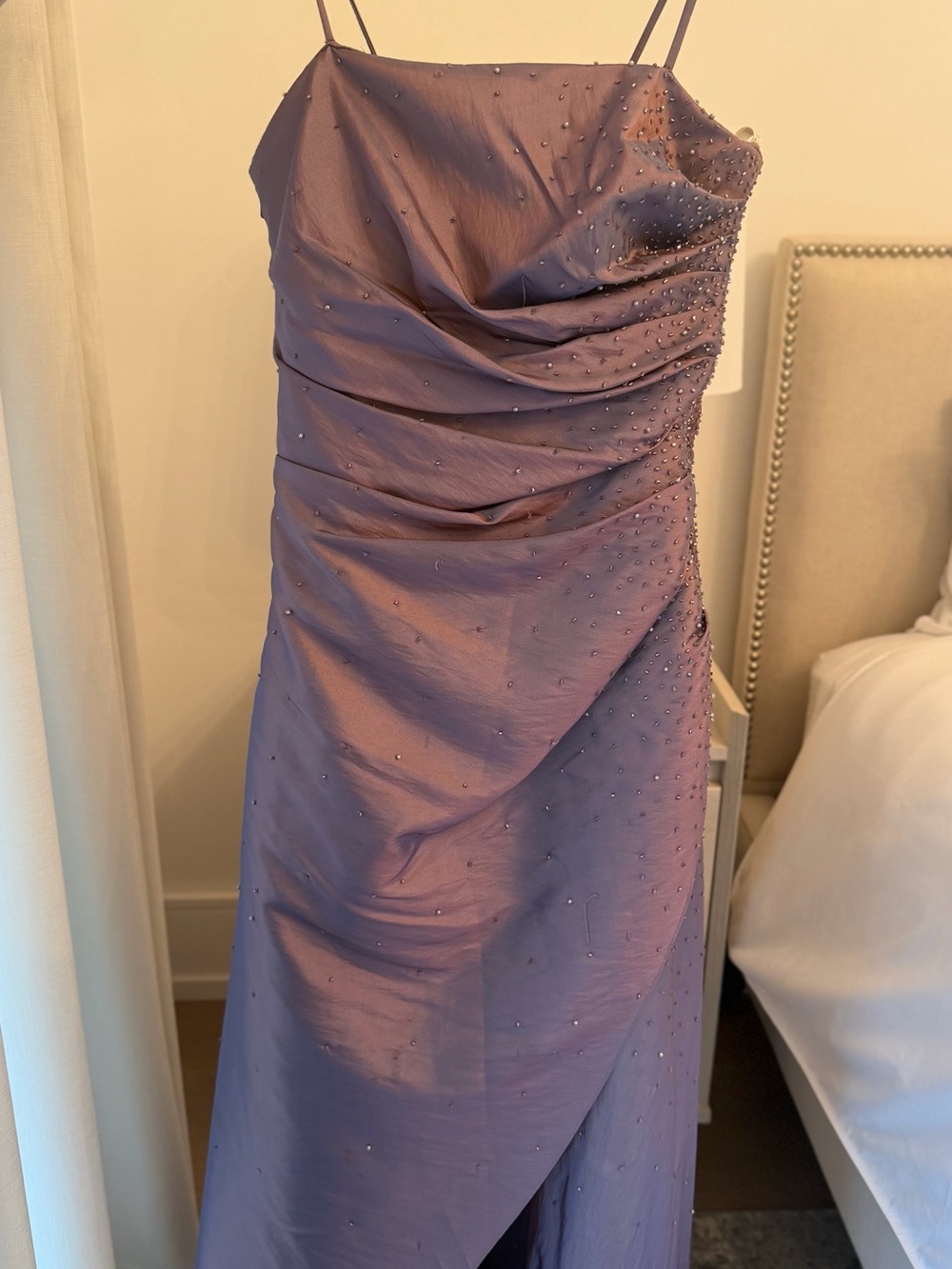 Strapless Lavender Beaded Evening Gown